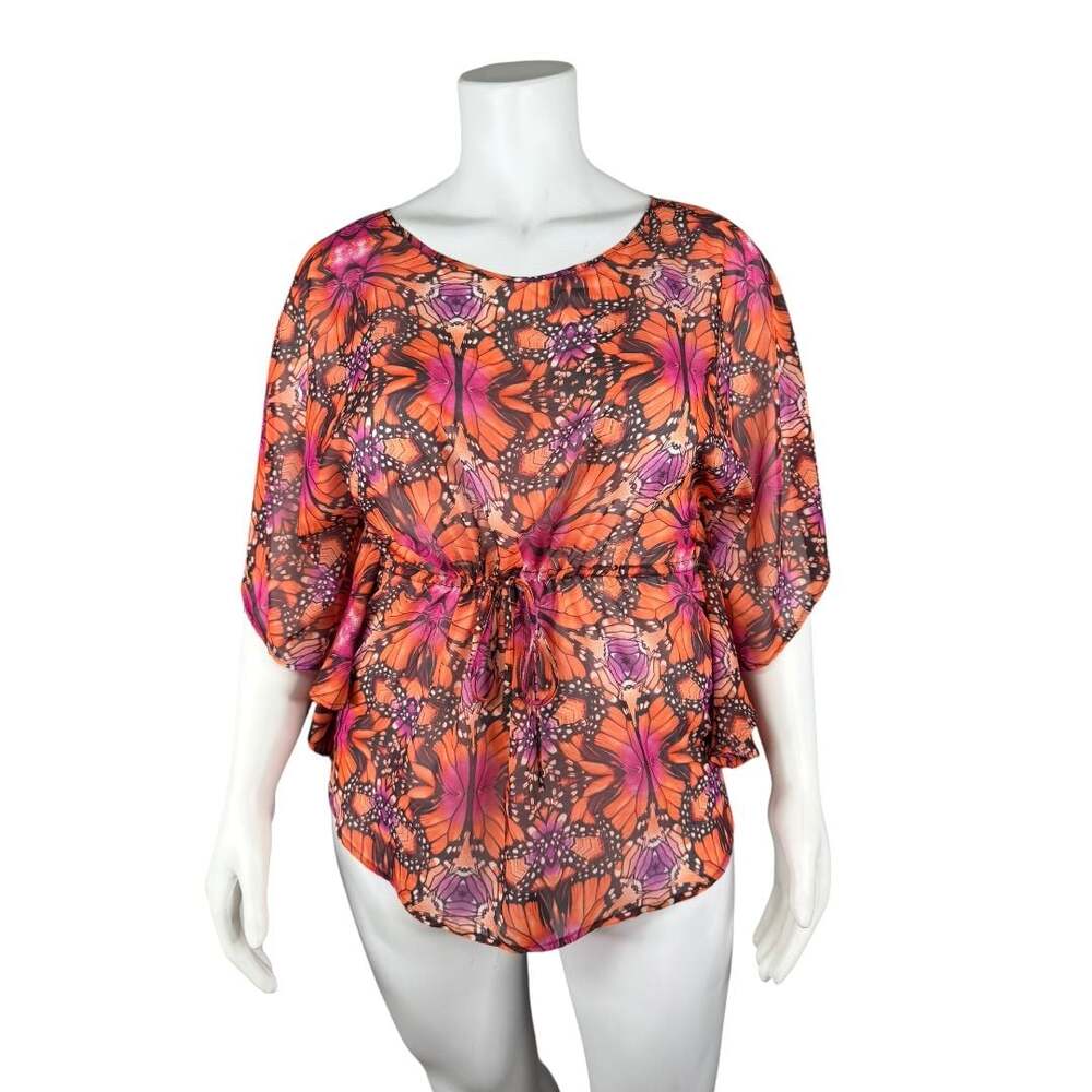Volcom Butterfly Print Sheer Drawstring Tunic Blouse Size L